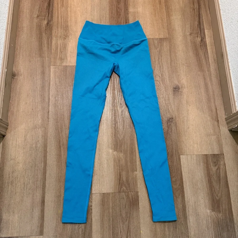 Alo Yoga XS Mindful Movement‎ High Rise Ribbed Seamless Leggings Turquoise Blue